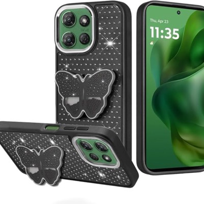For Motorola Moto G Power 5G 2025 Butterfly Moveable Grip Stand  With Small Diamonds Meta Buttons HQ Hybrid - Black