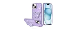 For iPhone 15 Butterfly Moveable Grip Stand With Small Diamonds  Meta Buttons HQ Hybrid - Purple