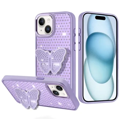 For iPhone 15 Butterfly Moveable Grip Stand With Small Diamonds  Meta Buttons HQ Hybrid - Purple