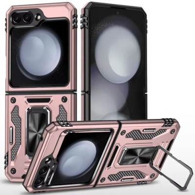 For Samsung Z Flip 6 Utter Tough Metal Ring Movable Camera Window Hybrid Case Cover - Rose Gold