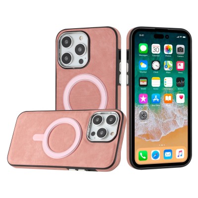 For iPhone 15 Fashion PU Vegan Chrome Edged Case Cover - Pink