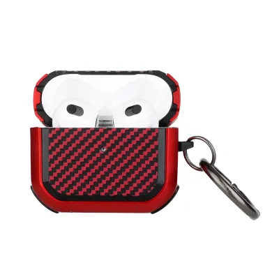 For AirPods Pro Carbon Fiber Design Hybrid With Metal Hook Case Cover - Red