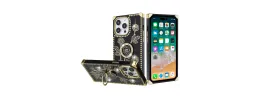 For iP15 Pro Max Square Passion Hearts Bling Glitter Love Design Ring Stand Case Cover - Black