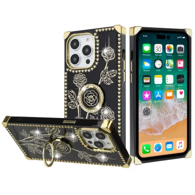 For iP15 Pro Max Square Passion Hearts Bling Glitter Love Design Ring Stand Case Cover - Black
