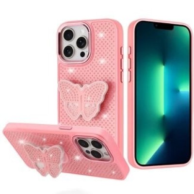 For iP15 Pro Max Butterfly Moveable Grip Stand With Small  Diamonds Meta Buttons HQ Hybrid - Pink