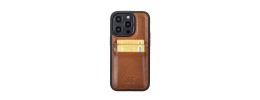 For iP15 Pro Max Card Holder Passion Square Chromed Heart Ornaments PU Leather Case Cover - Brown