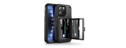 For iP15 Pro Max Card Holder with Mirror Inside PU Leather Hybrid Case - Black