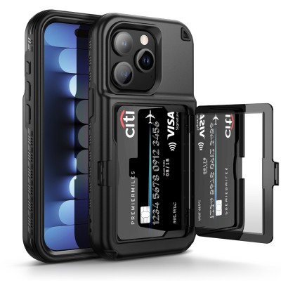 For iP15 Pro Max Card Holder with Mirror Inside PU Leather Hybrid Case - Black