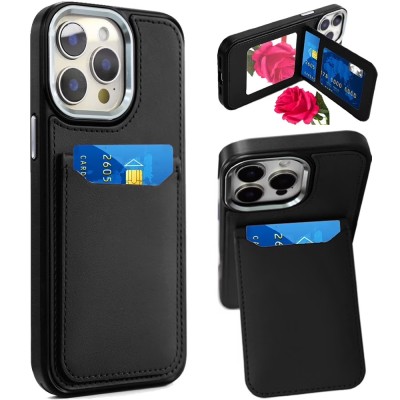 For iP15 Pro Max Card Holder with Mirror Inside PU Leather Hybrid Case - Dark Blue