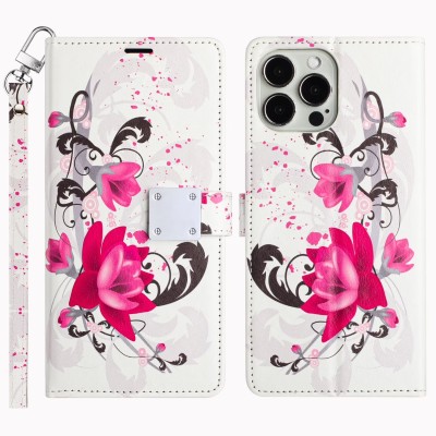 For iP15 Pro Max Design Wallet ID Credit Card Money Holder with Magnetic Metal Closure including Lanyard - Mandala