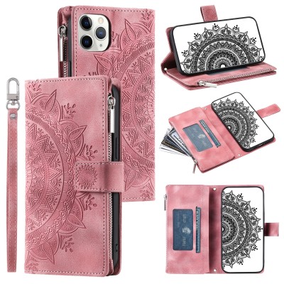 For iP15 Pro Max Design Wallet ID Credit Card Money Holder with Magnetic Metal Closure including Lanyard - Rose Pink Floral