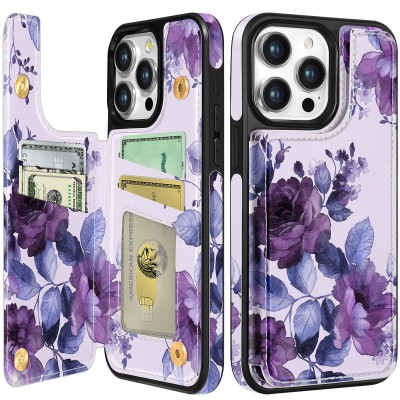 For iP15 Pro Max Design Wallet ID Credit Card Money Holder with Magnetic Metal Closure including Lanyard - Tropical Romantic Colorful Roses Floral