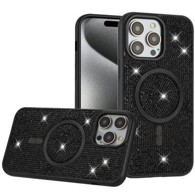 For iP15 Pro Max Diamond [Magnetic Circle] with CD Pattern Hybrid - Black