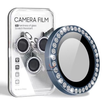 For iP15 Pro Max Diamond Bling Camera Lens Full Tempered Glass - Black
