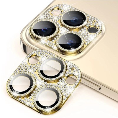 For iP15 Pro Max Diamond Bling Camera Lens Full Tempered Glass - Gold