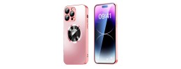 For iP15 Pro Max Disc Chrome Circle With Chromed Tempered Glass Screen Protector PU UV Leather Case - Light Pink