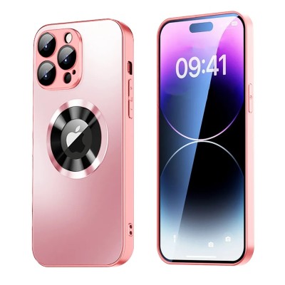 For iP15 Pro Max Disc Chrome Circle With Chromed Tempered Glass Screen Protector PU UV Leather Case - Light Pink
