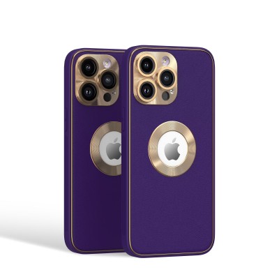 For iP15 Pro Max Disc Chrome Circle With Chromed Tempered Glass Screen Protector PU UV Leather Case - Purple
