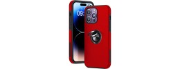 For iP15 Pro Max Disc Chrome Circle With Chromed Tempered Glass Screen Protector PU UV Leather Case - Red