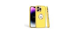 For iP15 Pro Max Disc Chrome Circle With Chromed Tempered Glass Screen Protector PU UV Leather Case - Yellow