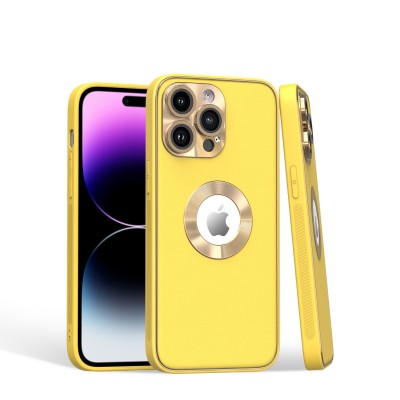For iP15 Pro Max Disc Chrome Circle With Chromed Tempered Glass Screen Protector PU UV Leather Case - Yellow