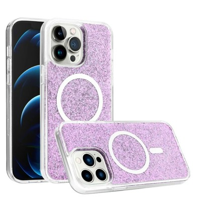 For iP15 Pro Max Epoxy Glitter [Magnetic Circle] ShockProof Hybrid 2.5mm Thick - Rose Gold