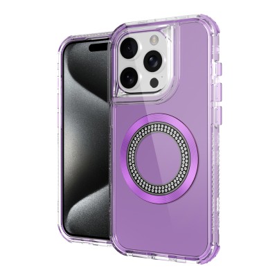 For iP15 Pro Max Epoxy Sticker Glitter 3in1 Shockproof Transparent Hybrid Case - Hot Pink + Purple