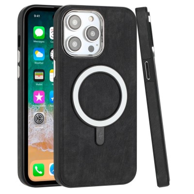 For iP15 Pro Max Fashion PU Vegan Chrome Edged Case Cover - Black