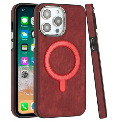 For iP15 Pro Max Fashion PU Vegan Chrome Edged Case Cover - Red