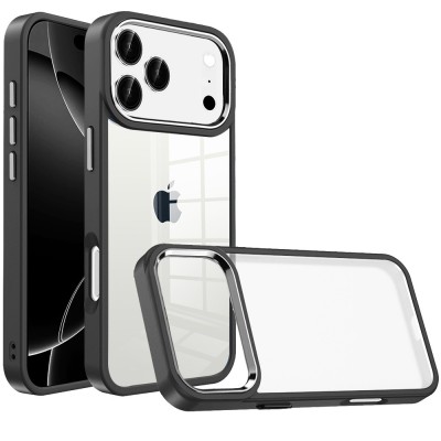 For iP15 Pro Max Finest Transparent Thick Acrylic Hybrid Metal Buttons Cover Case - Black