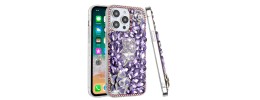 For iP15 Pro Max Floral Full Diamond Bling Case Cover - Purple