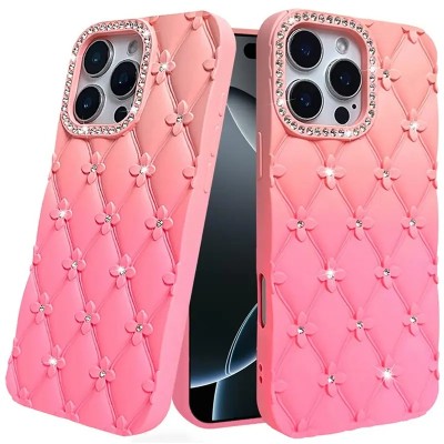 For iP15 Pro Max Floral Joy Glitter Shimmer Leather Feel Thick TPU Case - Orange/Pink
