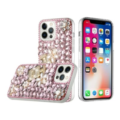 For iP15 Pro Max Full Diamond with Ornaments Case Cover - Pearl Flowers with Perfume Light Pink