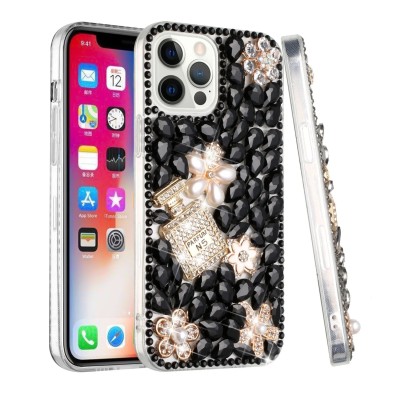 For iP15 Pro Max Full Diamond with Ornaments Case Cover - Pearl Flowers with Perfume Smoke