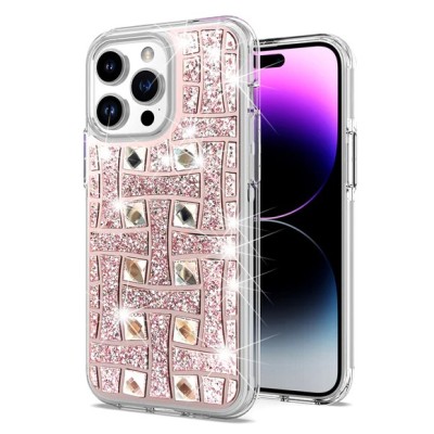 For iP15 Pro Max Full Diamond with Ornaments Case Cover - Pink Exquisite Garden