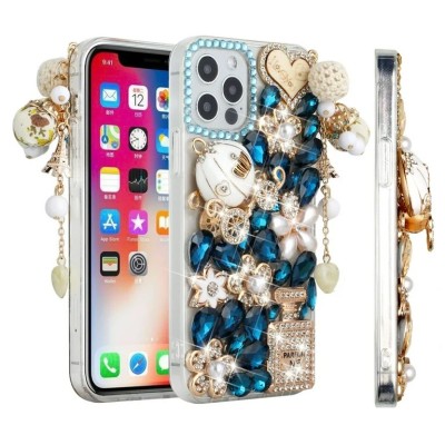 For iP15 Pro Max Full Diamond with Ornaments Case Cover - Ultimate Multi Ornament Blue