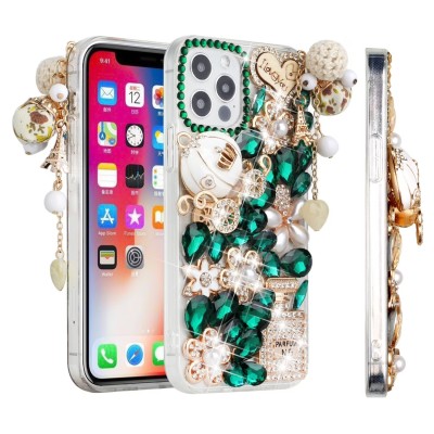 For iP15 Pro Max Full Diamond with Ornaments Case Cover - Ultimate Multi Ornament Green