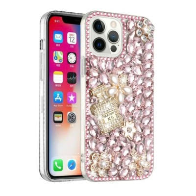 For iP15 Pro Max Full Diamond with Ornaments Case Cover - Ultimate Multi Ornament Pink