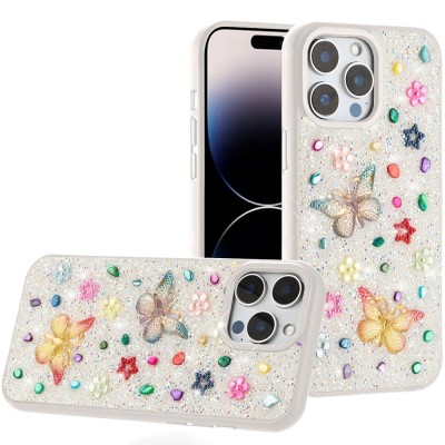 For iP15 Pro Max Full Diamond with Ornaments Hard TPU Case Cover - Colorful Ornaments with Heart