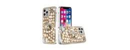 For iP15 Pro Max Full Diamond with Ornaments Hard TPU Case Cover - Gold Swan Crown Pearl