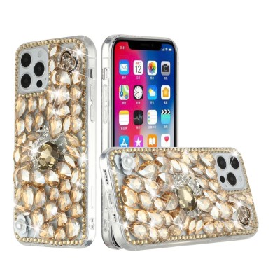 For iP15 Pro Max Full Diamond with Ornaments Hard TPU Case Cover - Gold Swan Crown Pearl