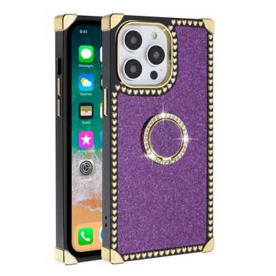 For iP15 Pro Max Glitter Hybrid With Ring Stand Square Heart Passion Hybrid Case Cover - Dark Purple