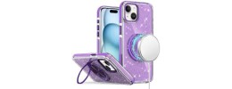 For iP15 Pro Max Glitz HQ Shimmer Glitter [Magnetic Ring Circle]  with 360 degree Rotational Ring Kickstand Tough Hybrid Case  Purple