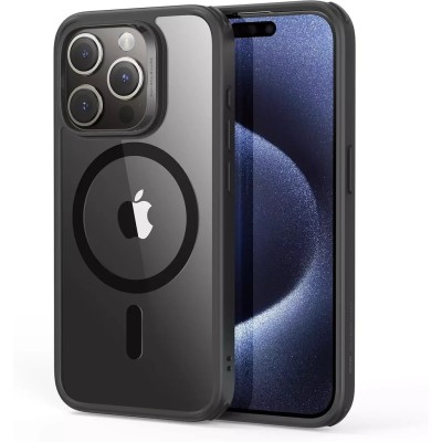 For iP15 Pro Max Greatest Clear Acrylic Thick Metal Button Hybrid - Black