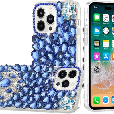 For iP15 Pro Max Jewel Full Diamond Bling Case Cover - Blue