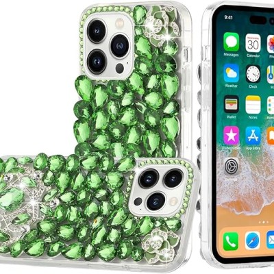 For iP15 Pro Max Jewel Full Diamond Bling Case Cover - Green