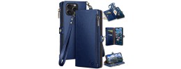 For iP15 Pro Max Jewel Wallet Design with Stitched PU Leather ID Card Money Holder Zipper Case - Navy Blue