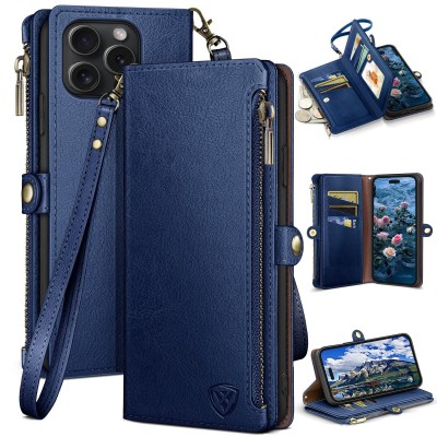 For iP15 Pro Max Jewel Wallet Design with Stitched PU Leather ID Card Money Holder Zipper Case - Navy Blue