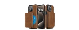 For iP15 Pro Max Luxury Side Magnetic Button Card ID Holder PU Leather Case Cover - Brown