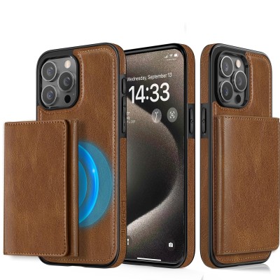 For iP15 Pro Max Luxury Side Magnetic Button Card ID Holder PU Leather Case Cover - Brown